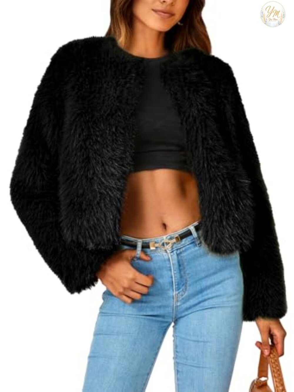 Faux Fur Cropped Jacket Winter Coat for Women Fuzzy Fleece Open Front Long